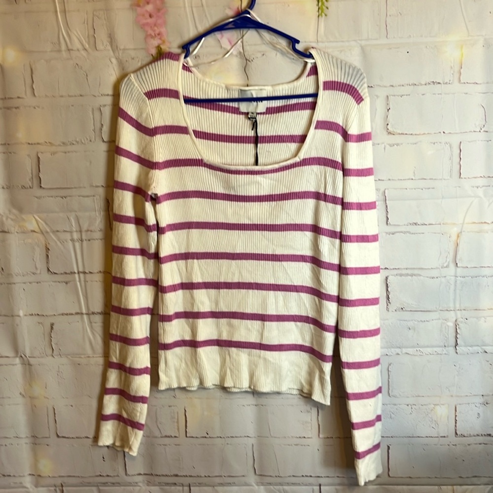 NWT PINK ROSE PINK AND WHITE STRIPED SQUARE NECK SWEATER XL